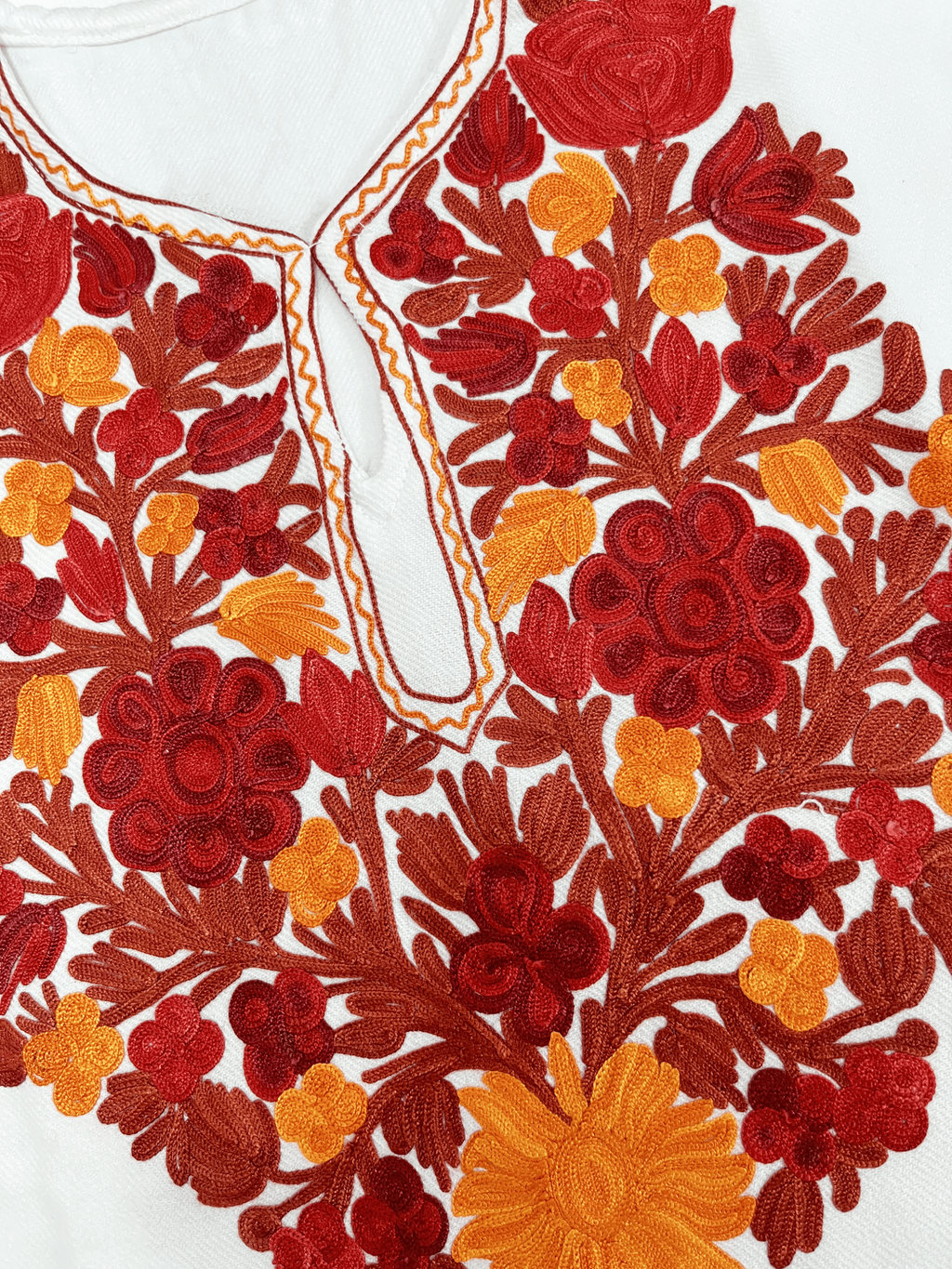White & Maroon Floral Aari Neck Embroidered Kashmiri Pheran