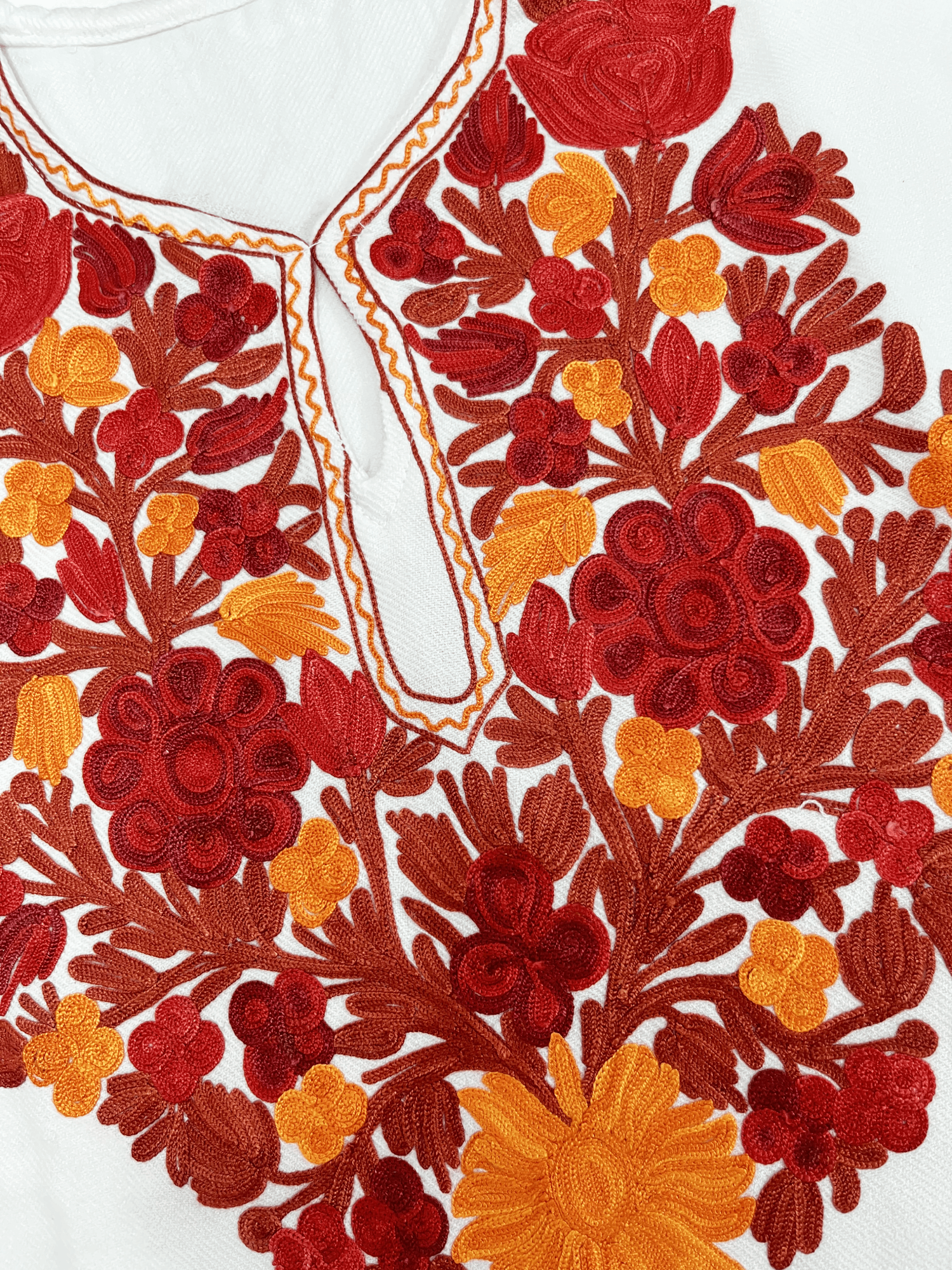 White & Maroon Floral Aari Neck Embroidered Kashmiri Pheran
