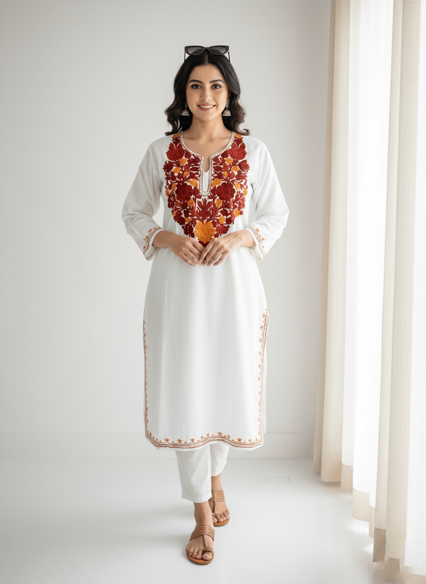 White & Maroon Floral Aari Neck Embroidered Kashmiri Pheran