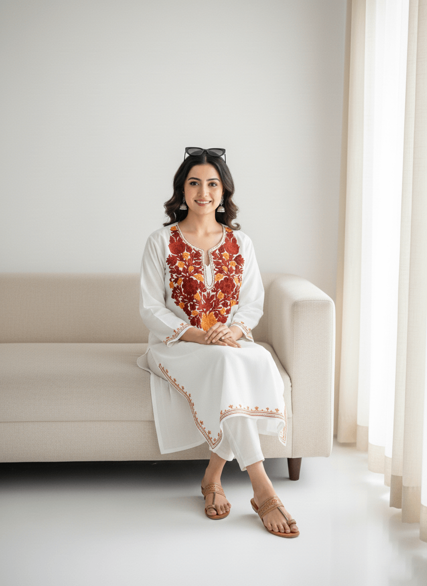 White & Maroon Floral Aari Neck Embroidered Kashmiri Pheran