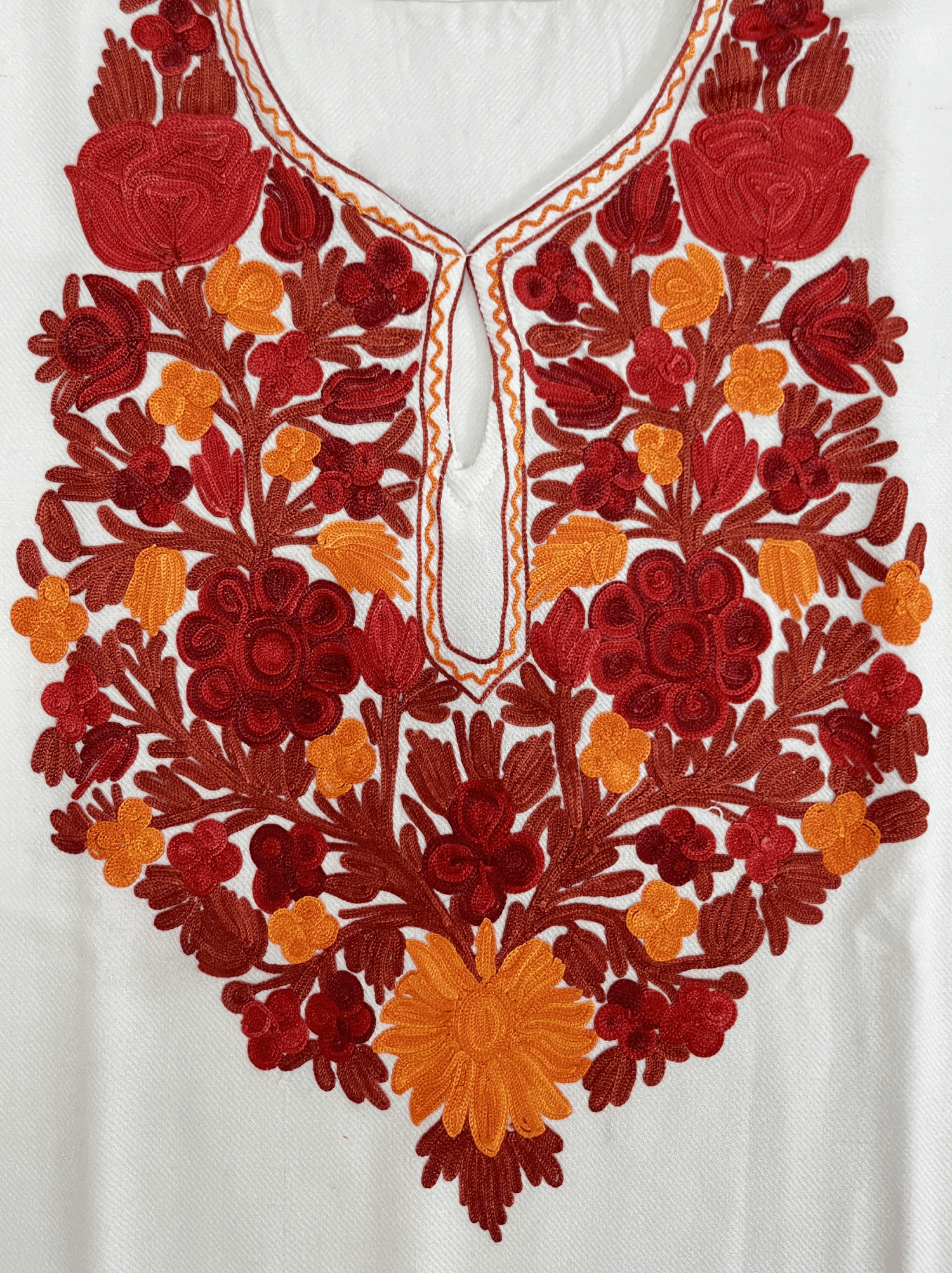White & Maroon Floral Aari Neck Embroidered Kashmiri Pheran