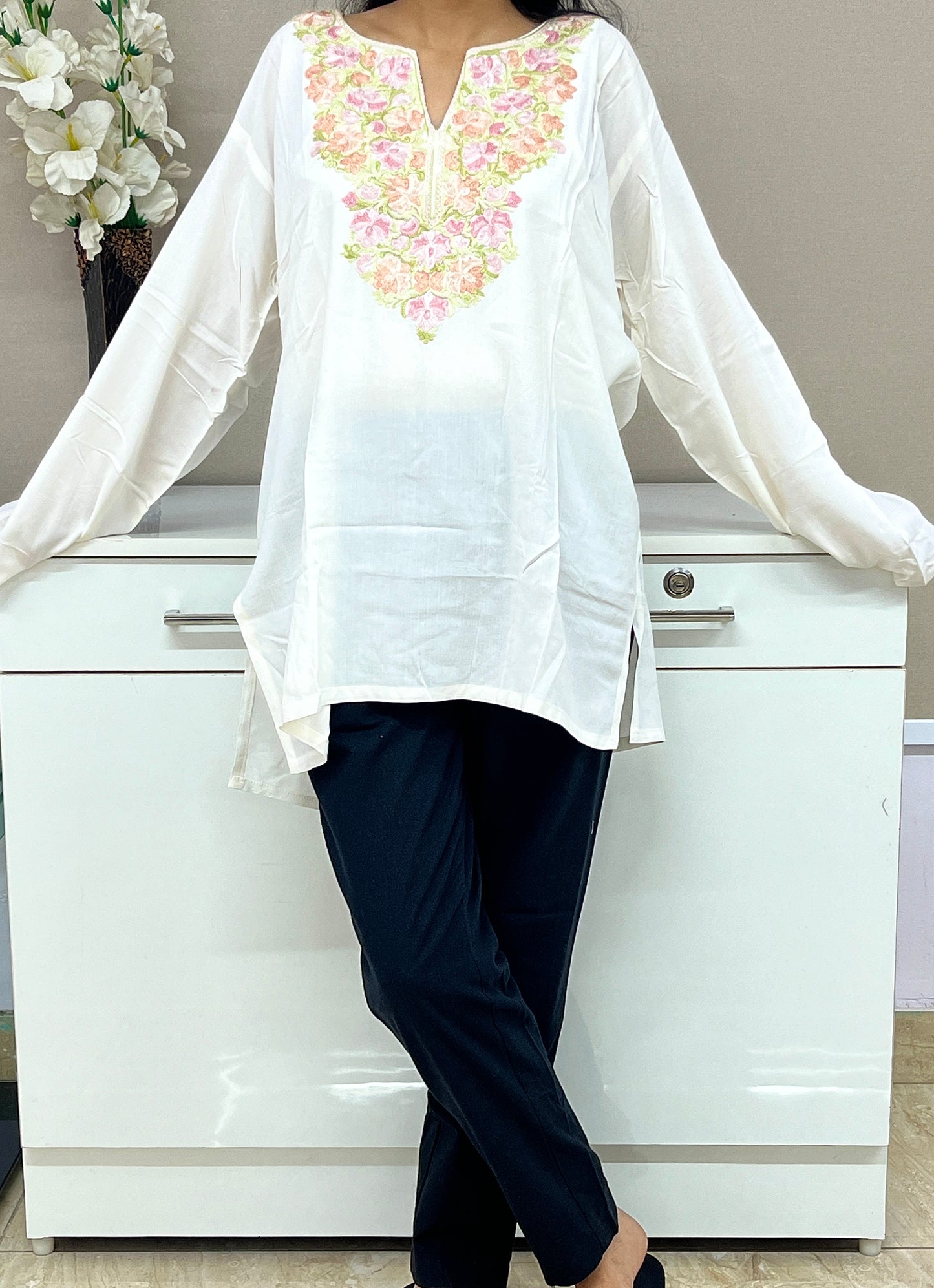 White Rayon Thread Work Straight Kurti For Women
