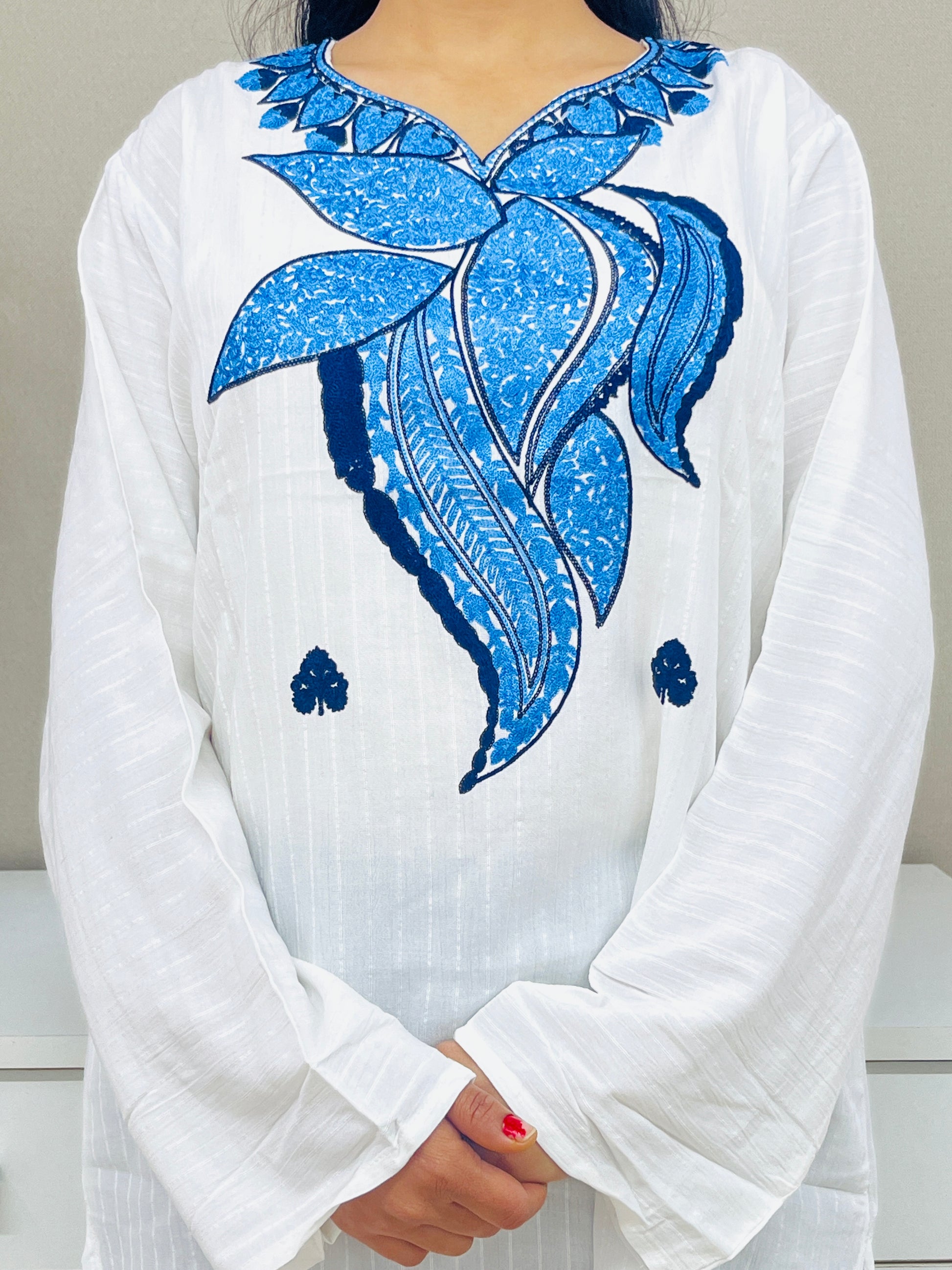  White With Blue Thread work Cotton Straight Kurti For Women