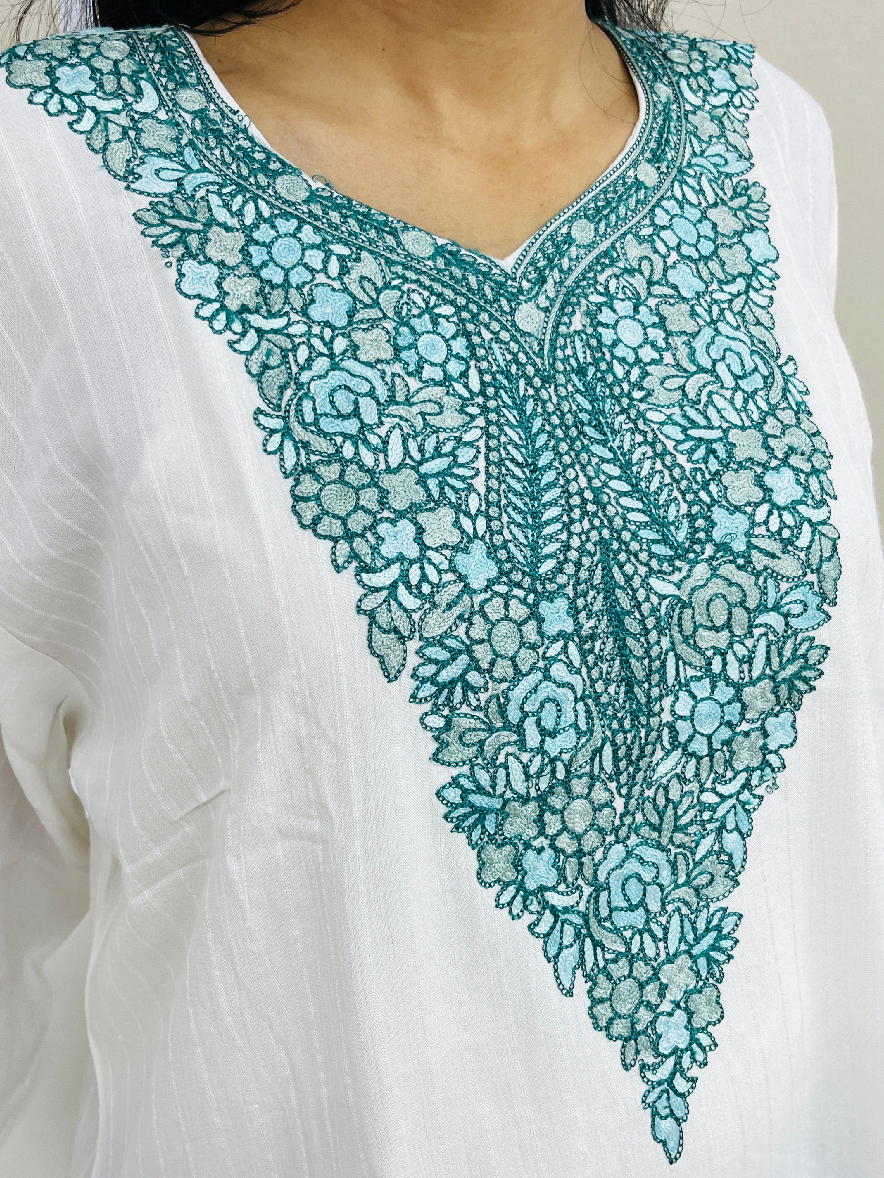  White With Green Embroidered Cotton Straight Kurti 