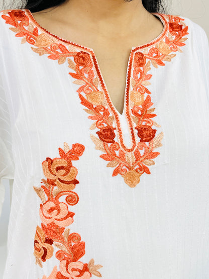  White With Orange Cotton Straight Kurti For Women