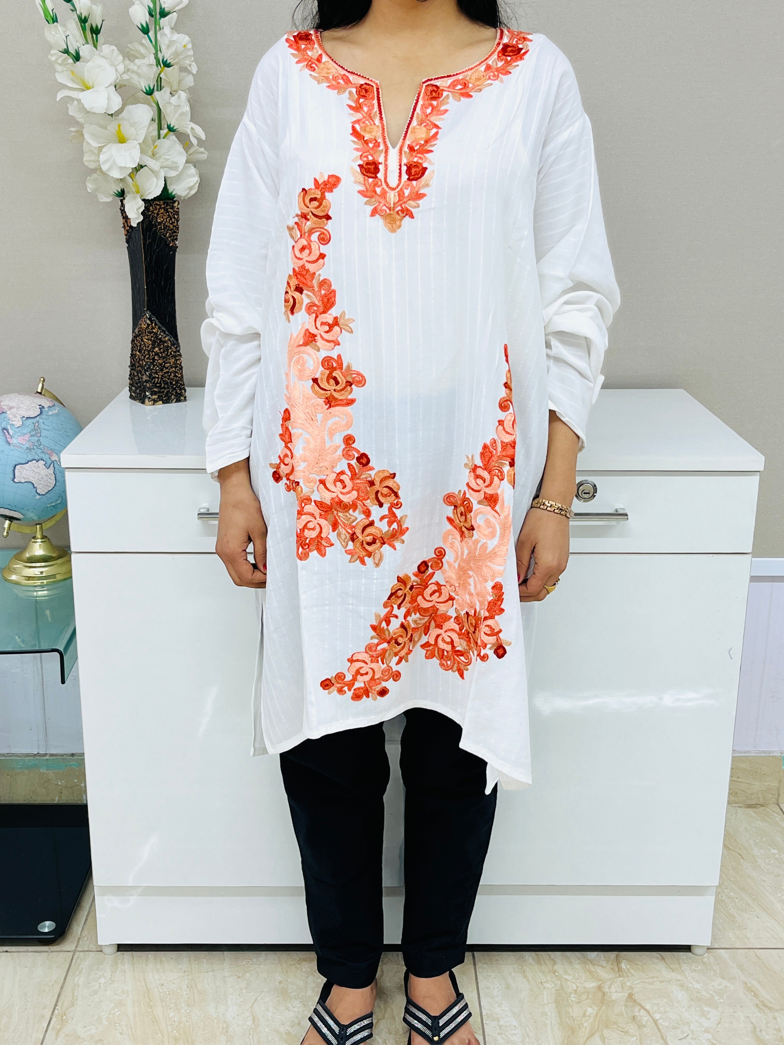  White With Orange Embroidered  Cotton Straight Kurti