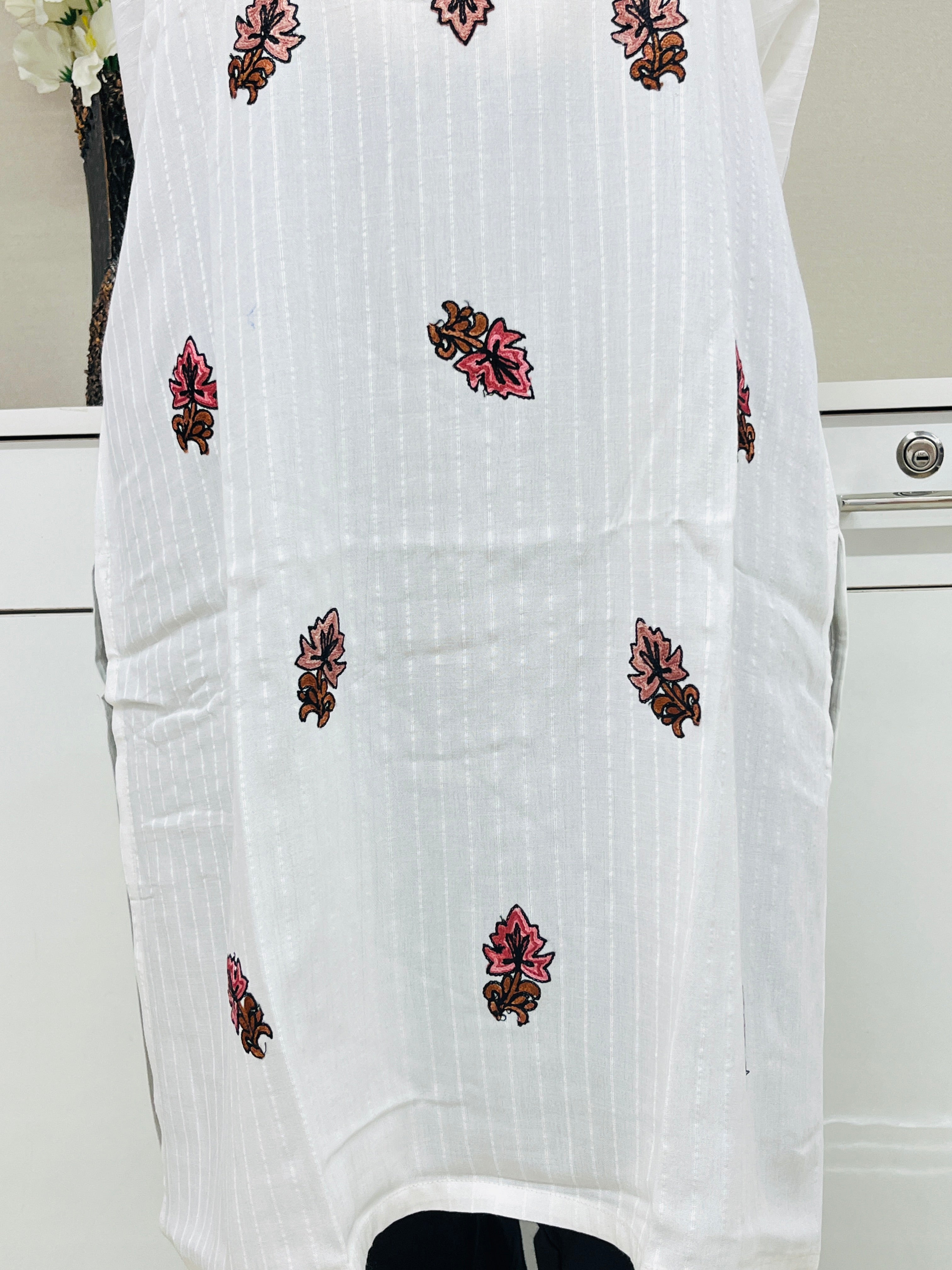 White With Pink Cotton Straight Kurti 