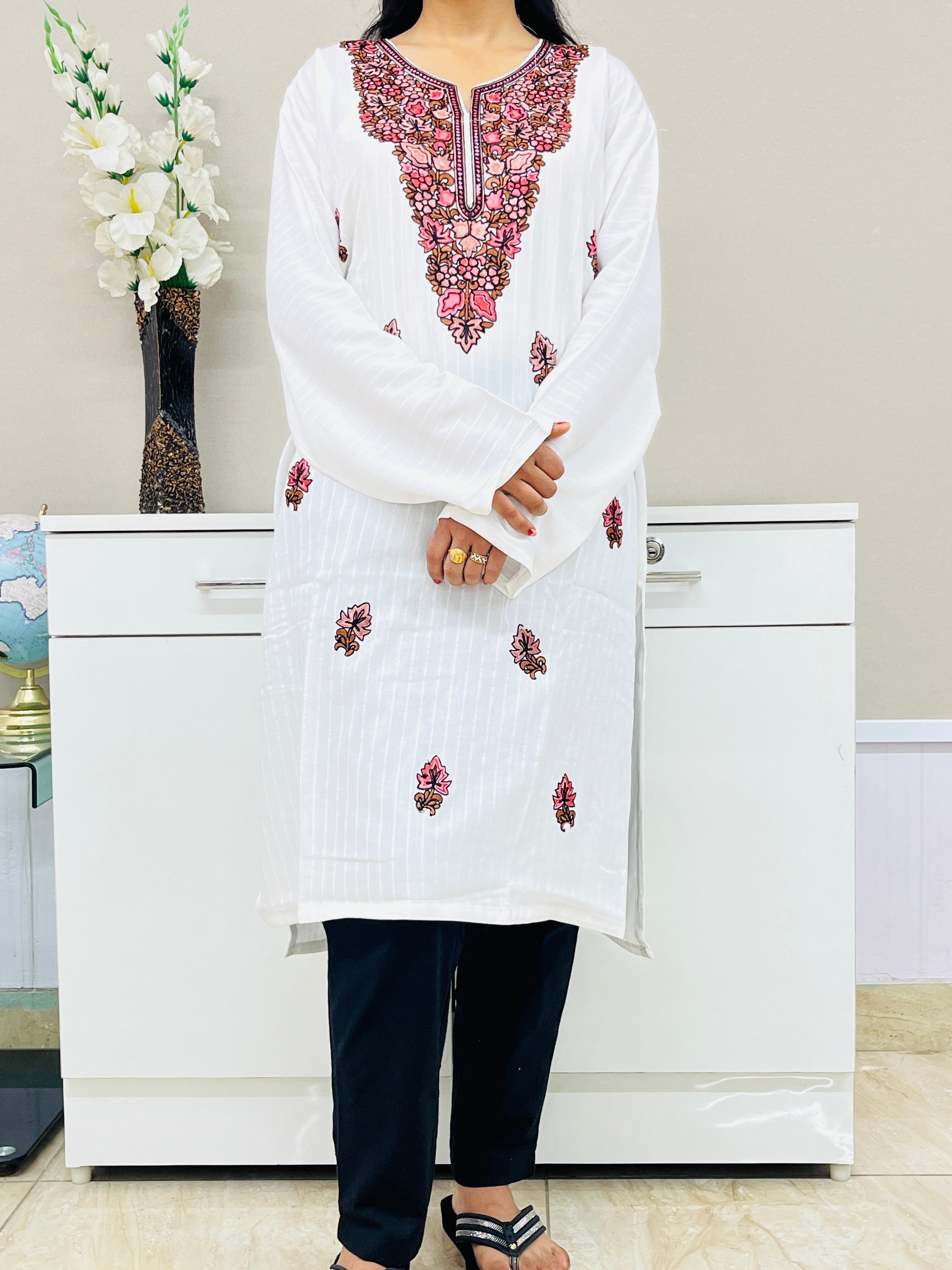 White With Pink Embroidered Cotton Straight Kurti