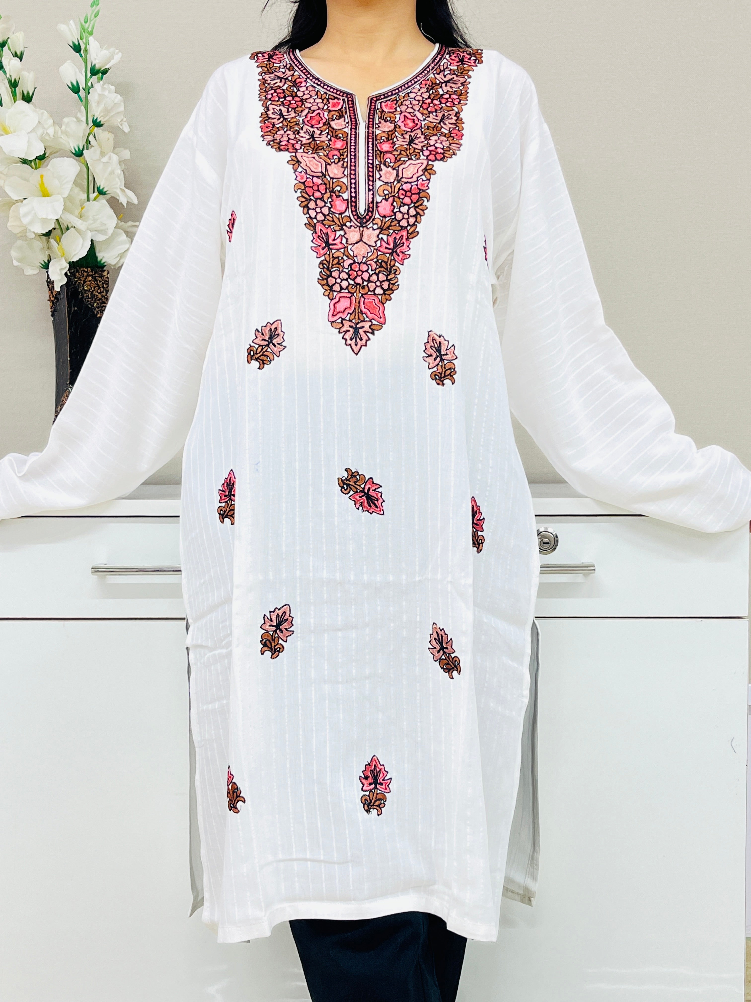 White With Pink Embroidered Thread Work Cotton Straight Kurti For Women