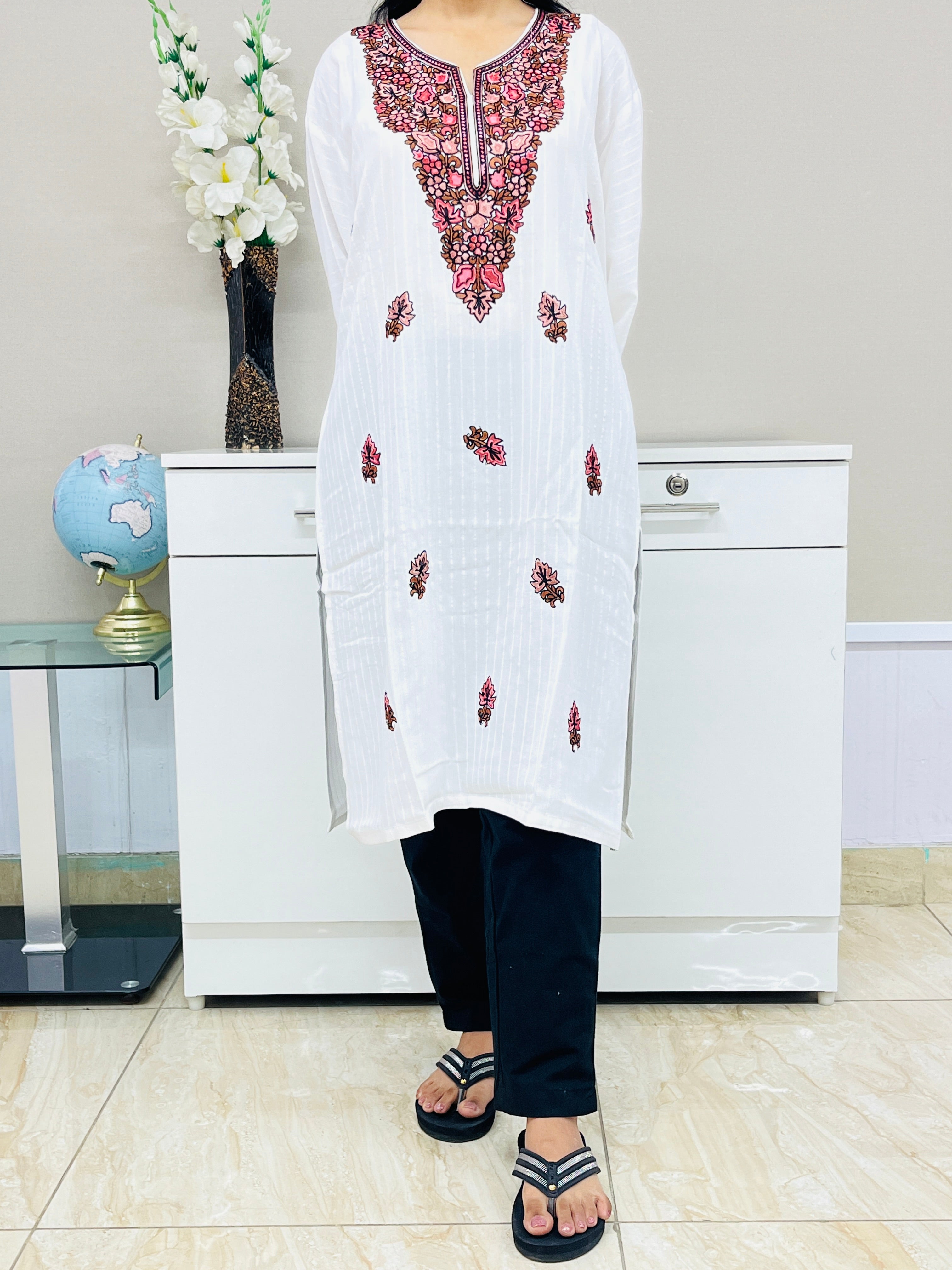 White With Pink Thread Work Cotton Straight Kurti