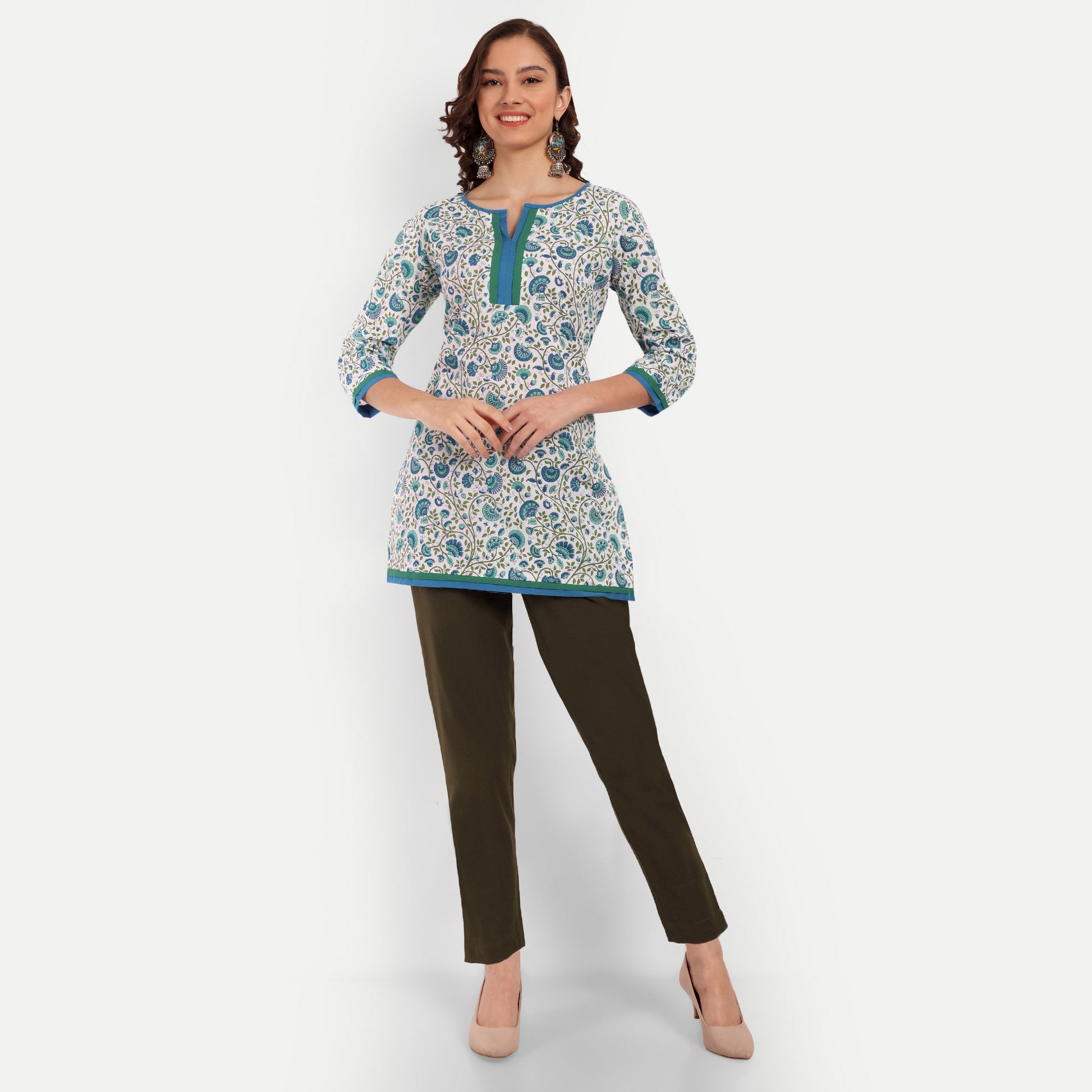 White and Blue Floral Printed Straight Cotton Tunic 