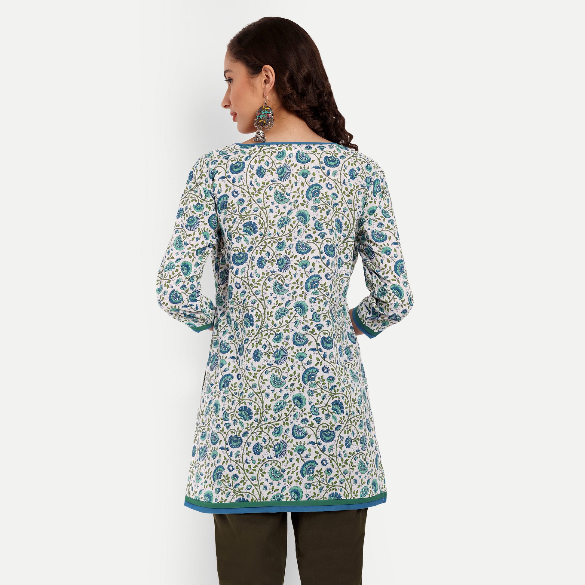 White and Blue Floral Printed Straight Cotton Tunic For Women 