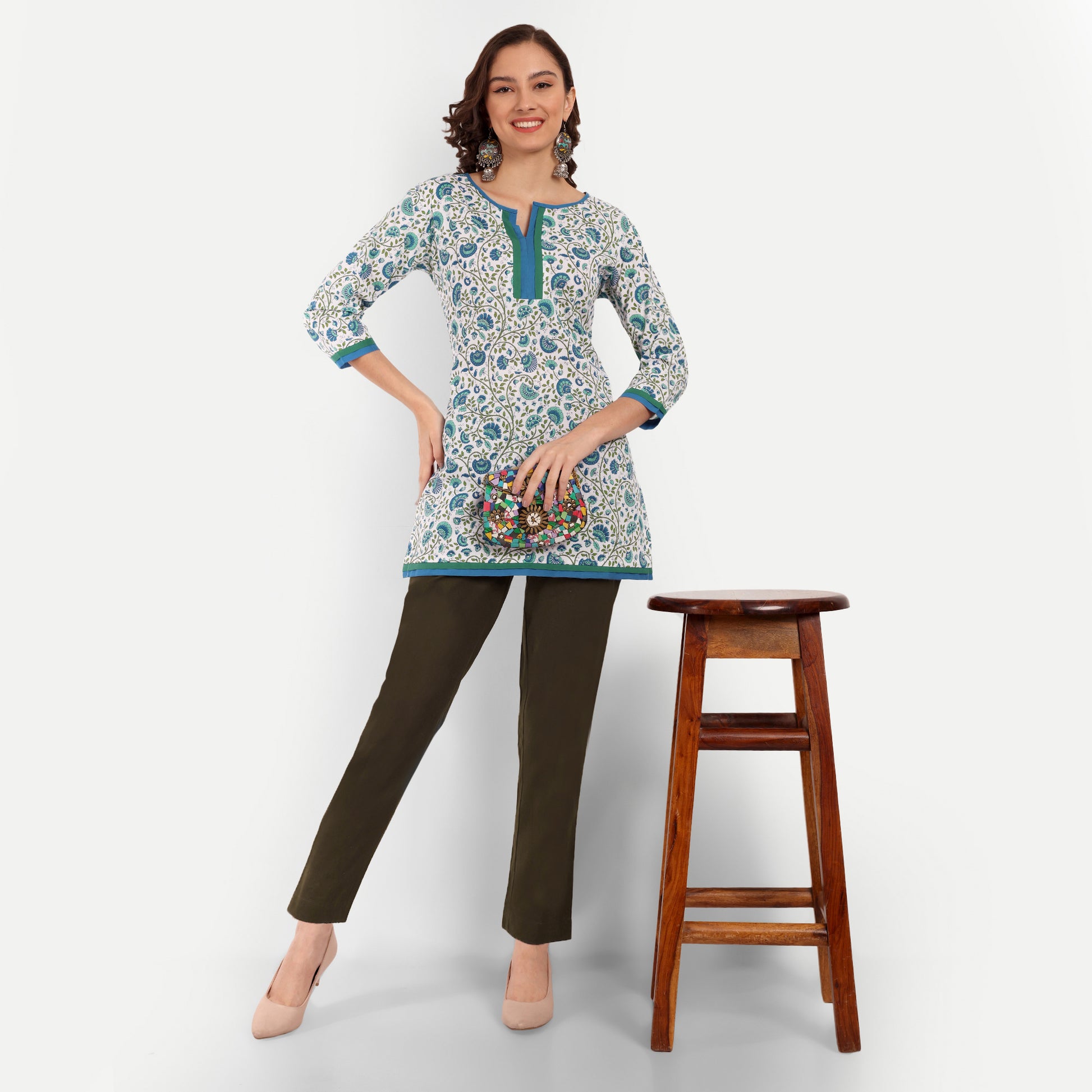 White and Blue Floral Printed Straight Cotton Tunic Stylish Look
