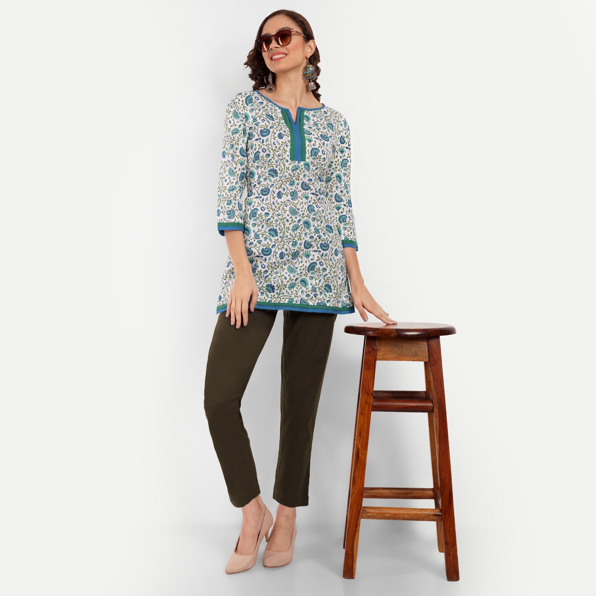  White and Blue Floral Printed Straight Cotton Tunic Stylish Look For Women
