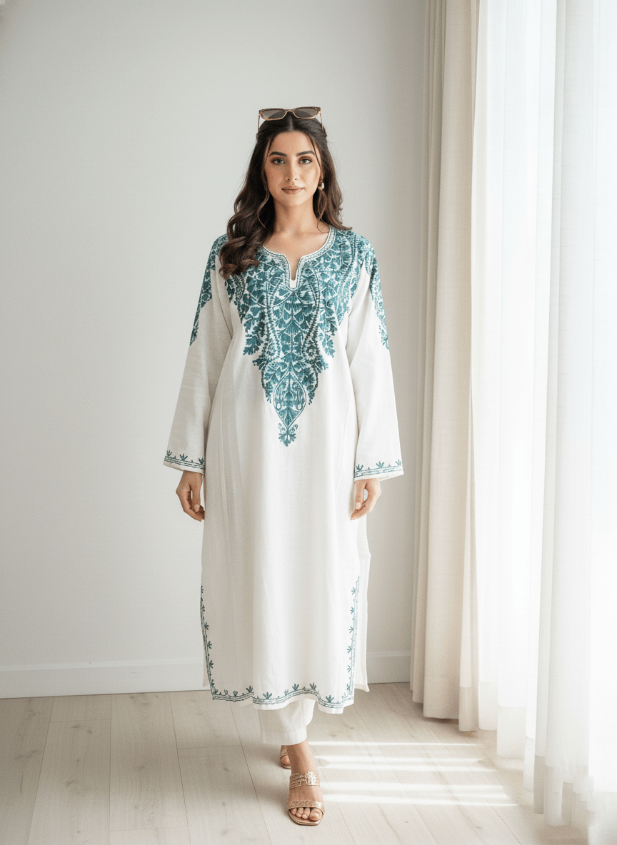 White and Blue Floral Aari Embroidered Kashmiri Pheran