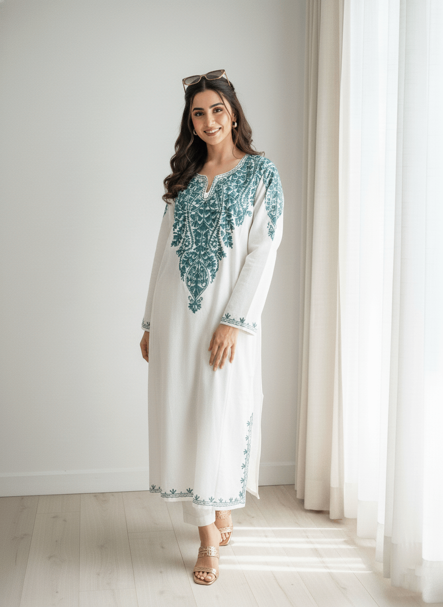 White and Blue Floral Aari Embroidered Kashmiri Pheran