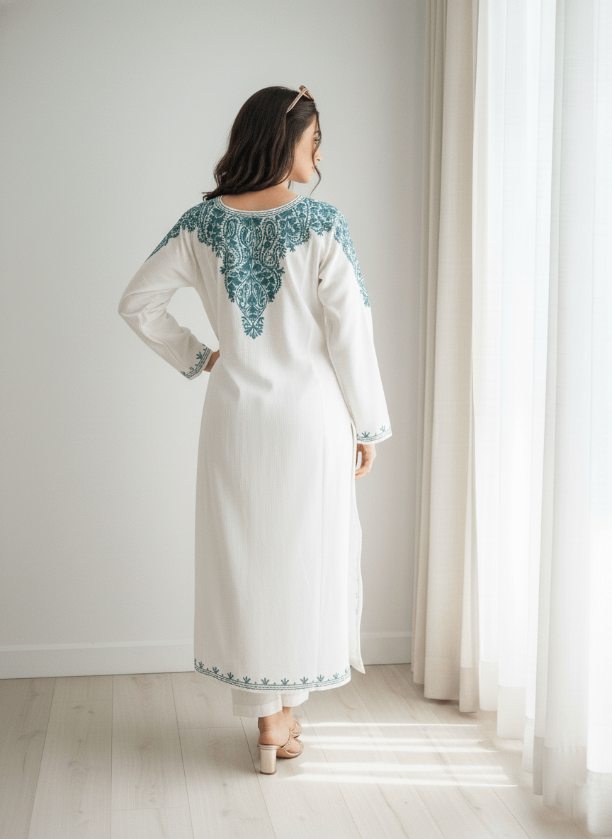 White and Blue Floral Aari Embroidered Kashmiri Pheran