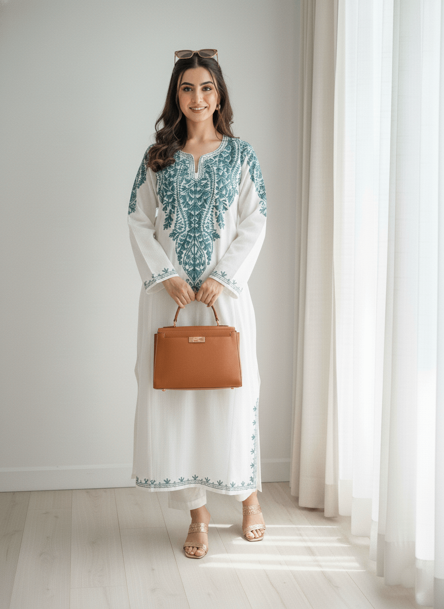 White and Blue Floral Aari Embroidered Kashmiri Pheran