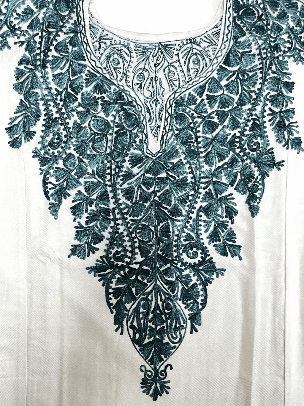 White and Blue Floral Aari Embroidered Kashmiri Pheran