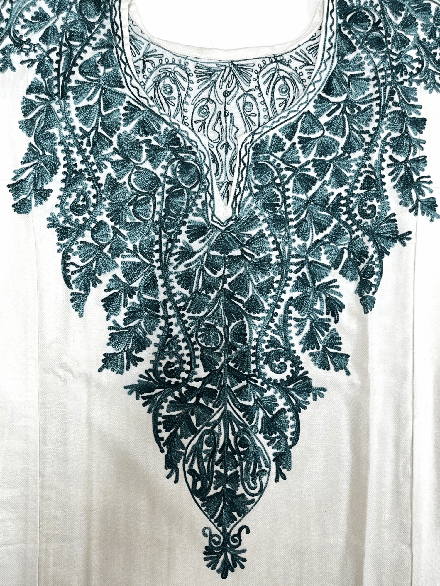 White and Blue Floral Aari Embroidered Kashmiri Pheran