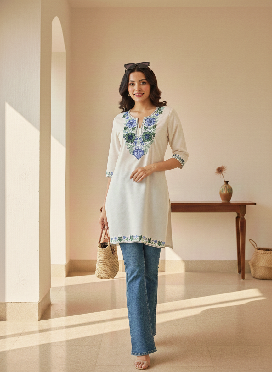 White and Blue Green Aari Embroidered Cotton Short Kurti