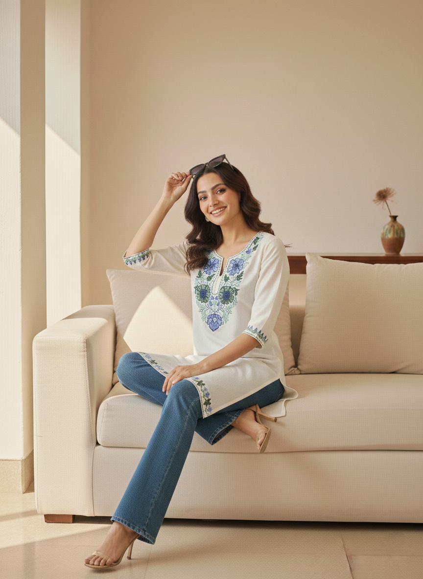 White and Blue Green Aari Embroidered Cotton Short Kurti