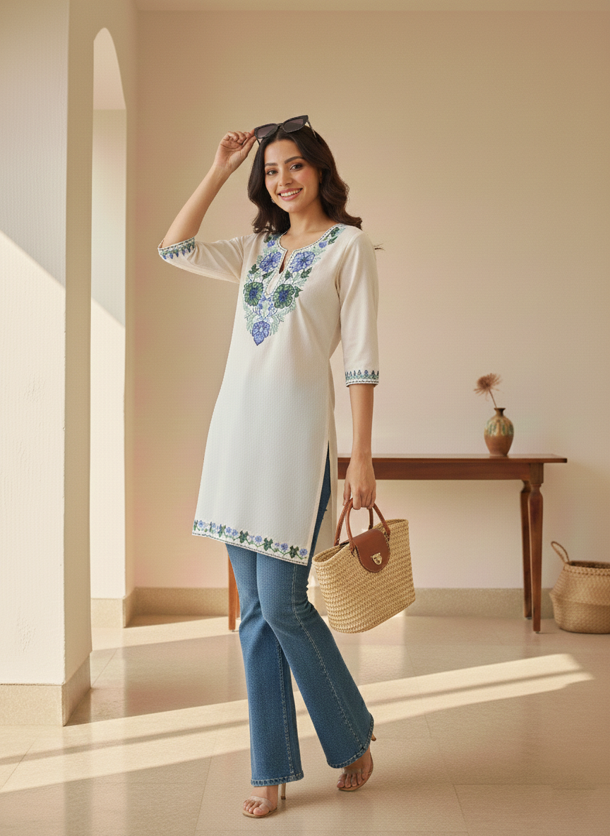 White and Blue Green Aari Embroidered Cotton Short Kurti