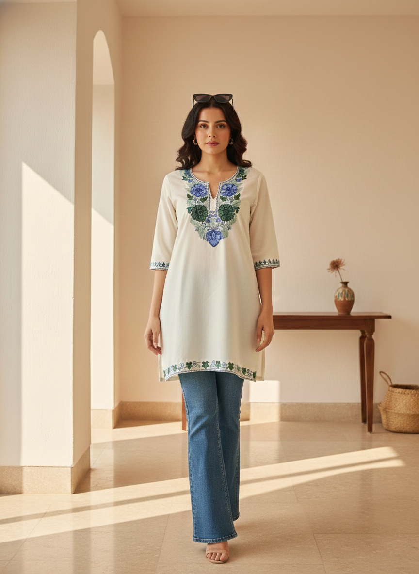 White and Blue Green Aari Embroidered Cotton Short Kurti