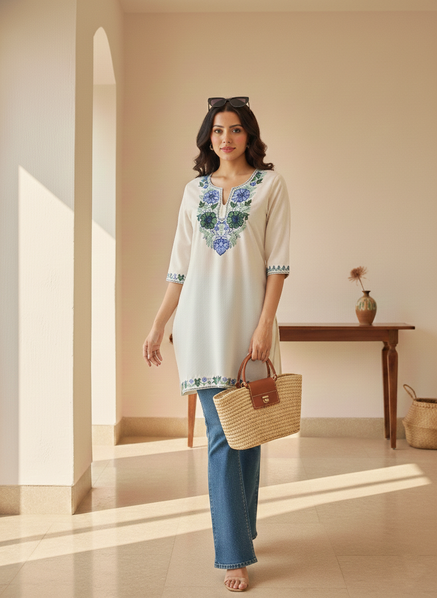 White and Blue Green Aari Embroidered Cotton Short Kurti