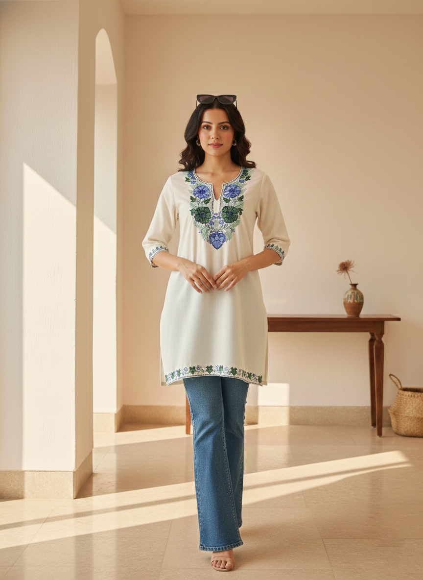 White and Blue Green Aari Embroidered Cotton Short Kurti