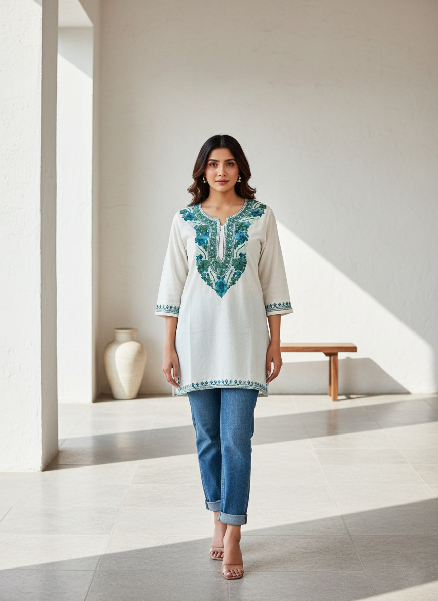 White and Teal Green Aari Embroidered Cotton Short Kurti