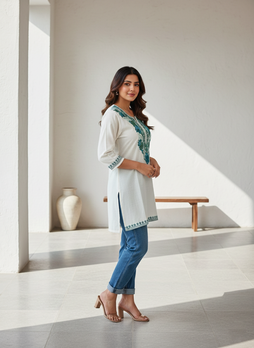White and Teal Green Aari Embroidered Cotton Short Kurti