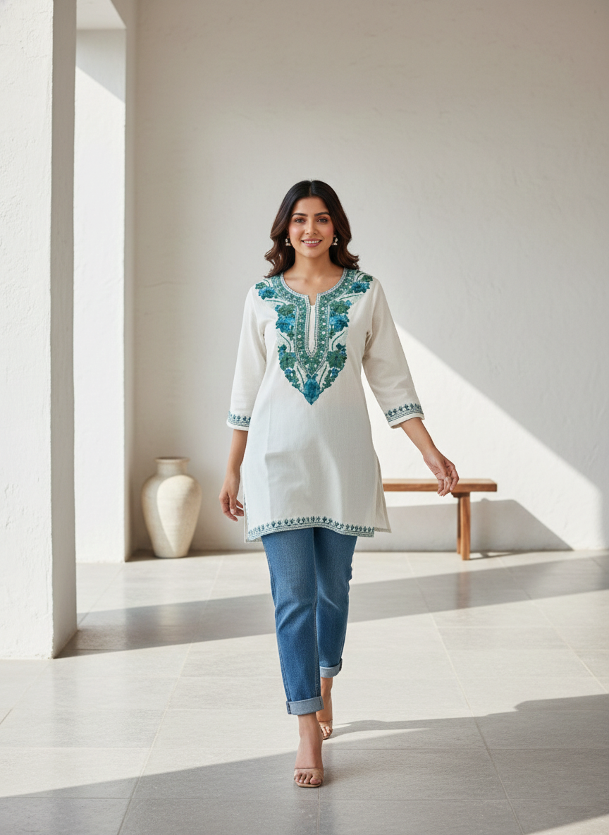 White and Teal Green Aari Embroidered Cotton Short Kurti