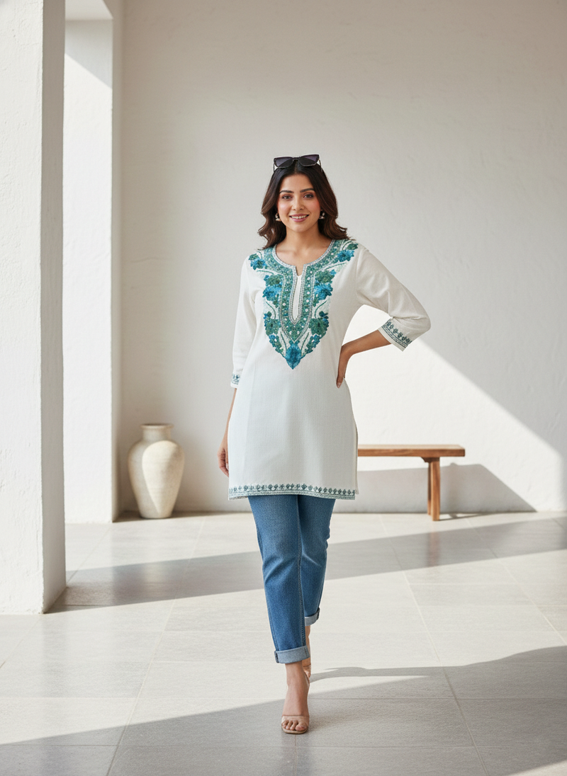White and Teal Green Aari Embroidered Cotton Short Kurti