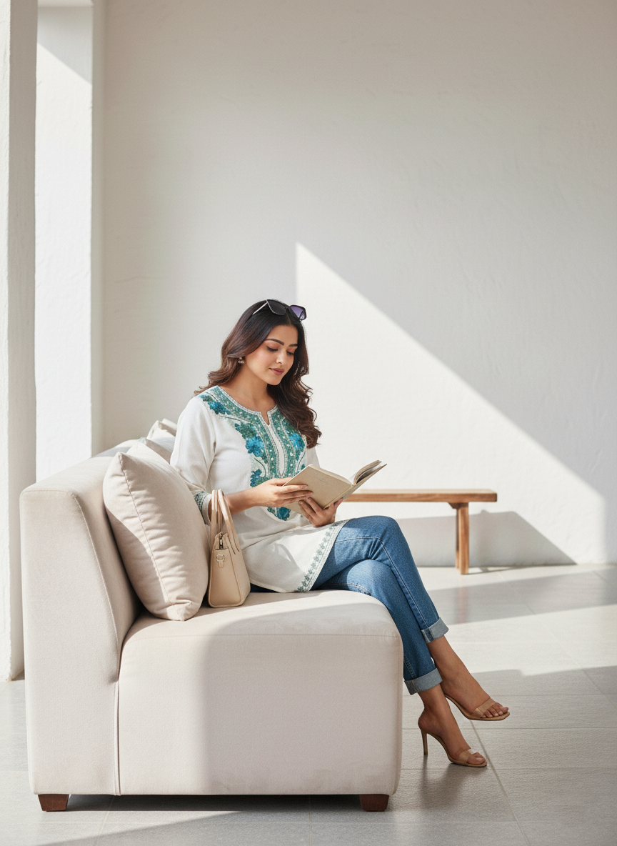 White and Teal Green Aari Embroidered Cotton Short Kurti
