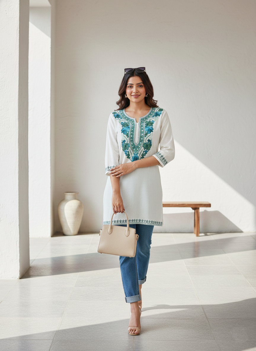 White and Teal Green Aari Embroidered Cotton Short Kurti