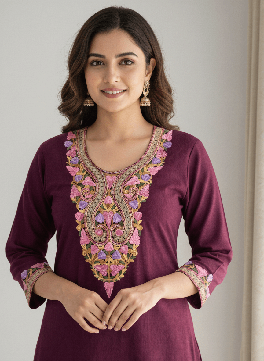 Wine Aari-Tilla Embroidered Kashmiri Co-ord set