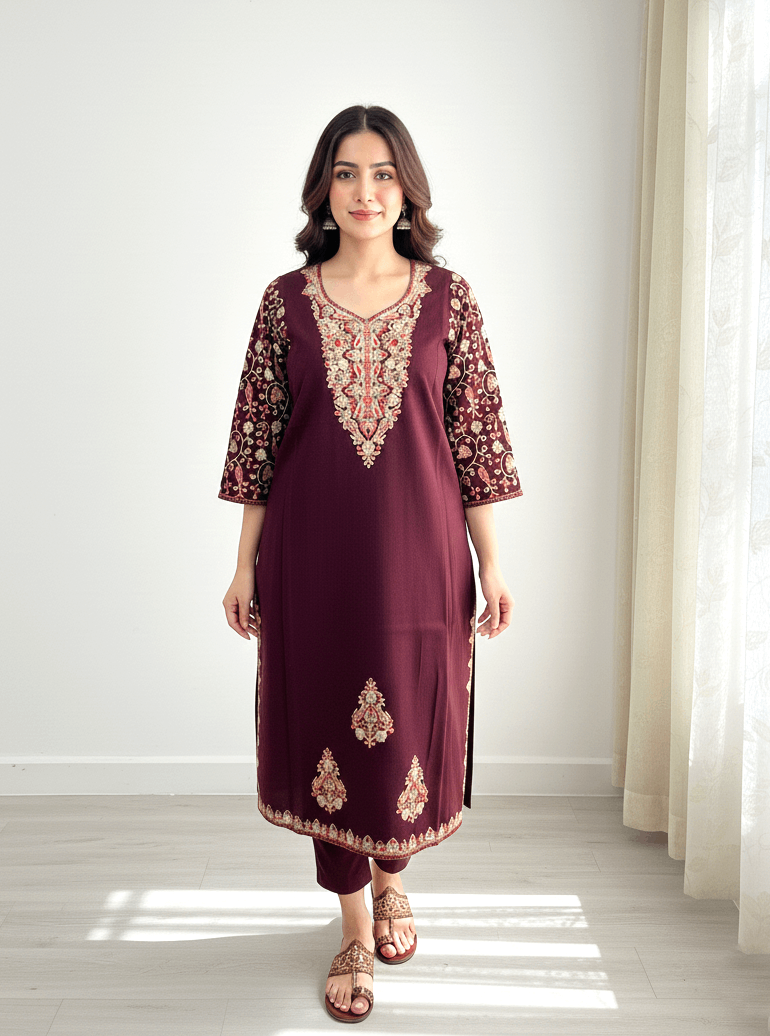 Wine Aari–Tilla Embroidered Kashmiri Pheran