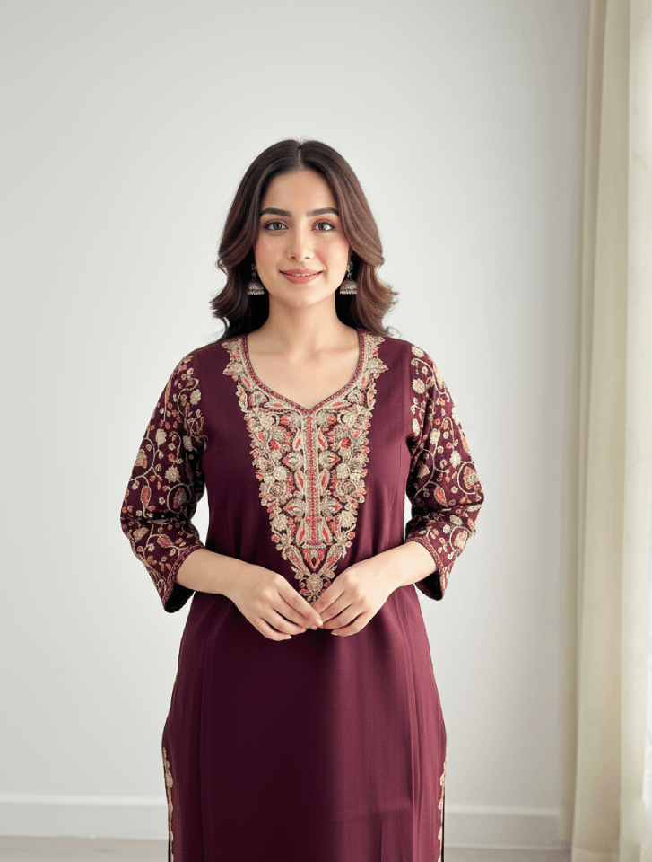 Wine Aari–Tilla Embroidered Kashmiri Pheran