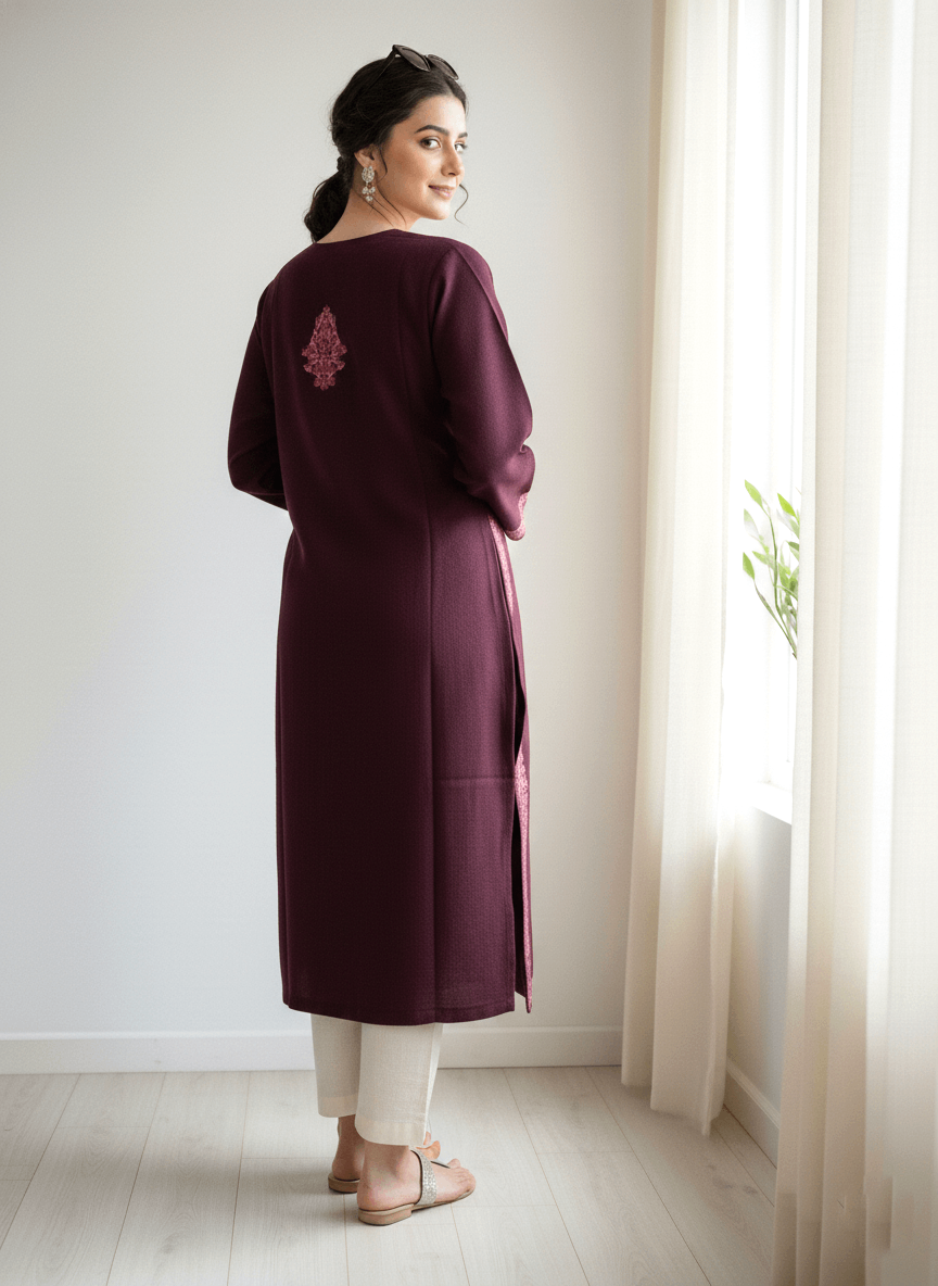 Wine Floral Aari Embroidered Kashmiri Pheran