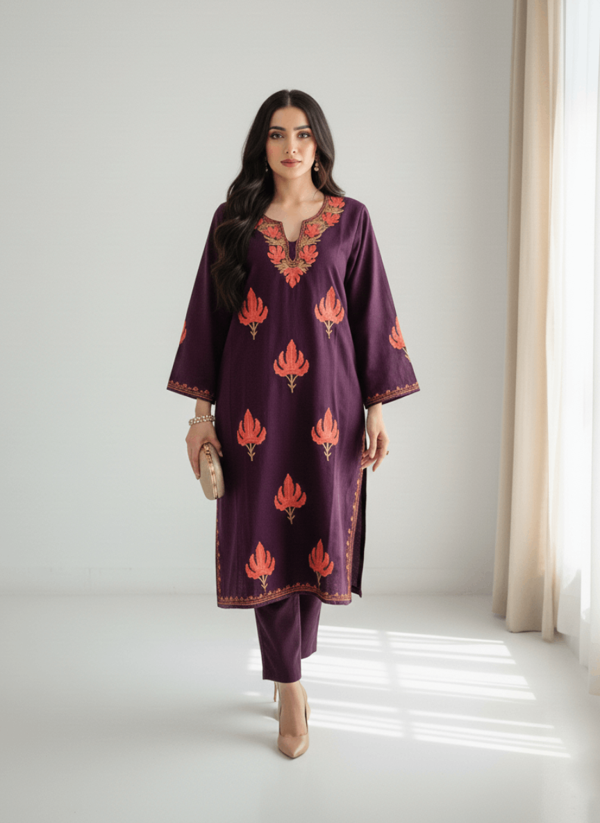 Wine Embroidered Kashmiri Pheran