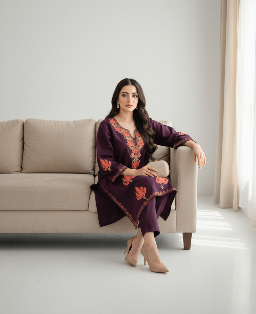 Wine Embroidered Kashmiri Pheran