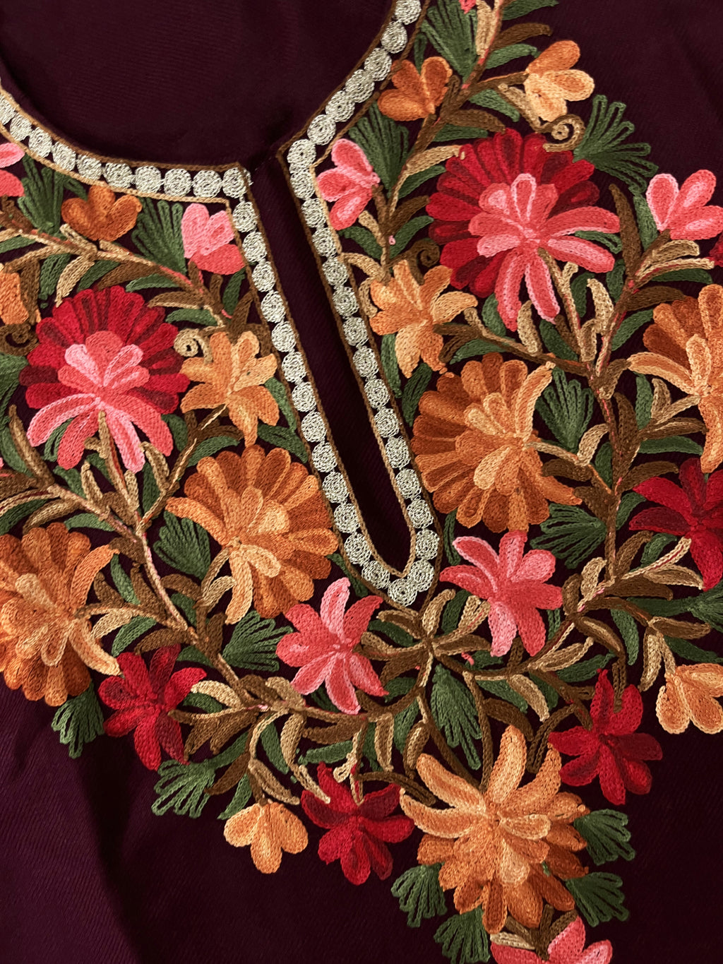 Wine Floral Aari-Tilla Embroidered Kashmiri Pheran