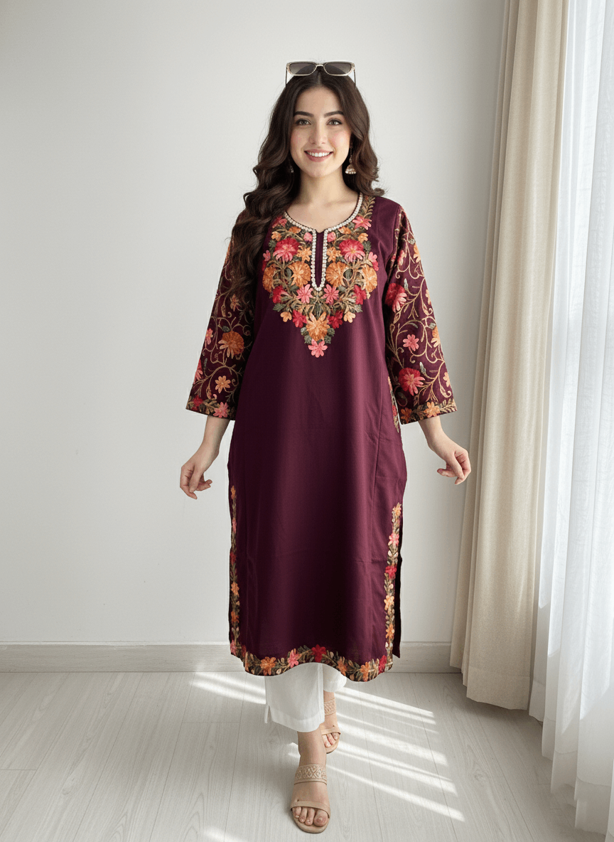 Wine Floral Aari-Tilla Embroidered Kashmiri Pheran