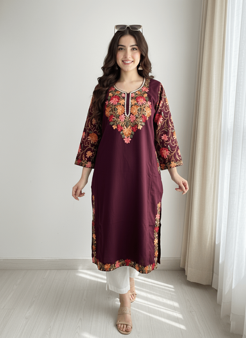 Wine Floral Aari-Tilla Embroidered Kashmiri Pheran
