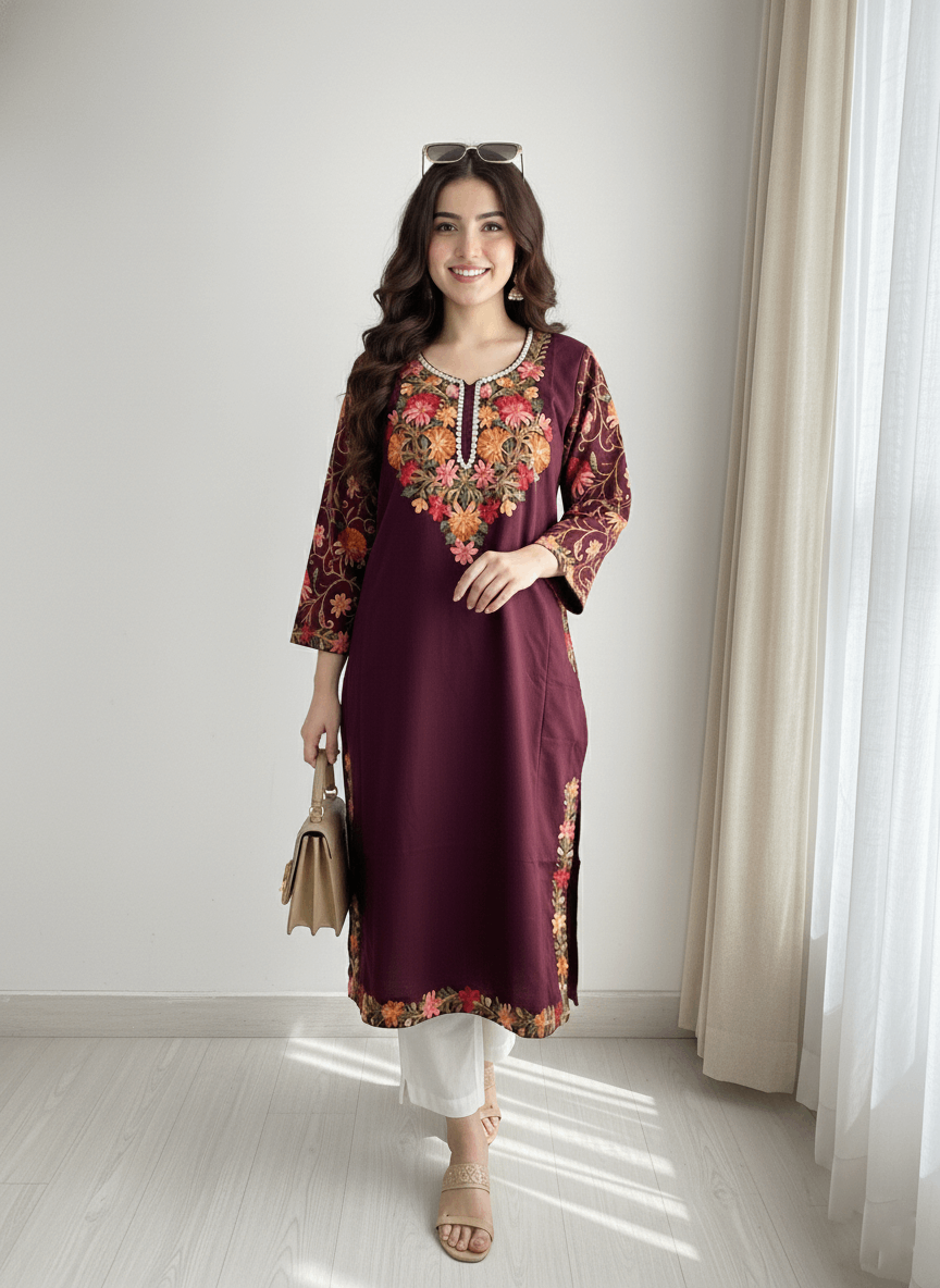 Wine Floral Aari-Tilla Embroidered Kashmiri Pheran
