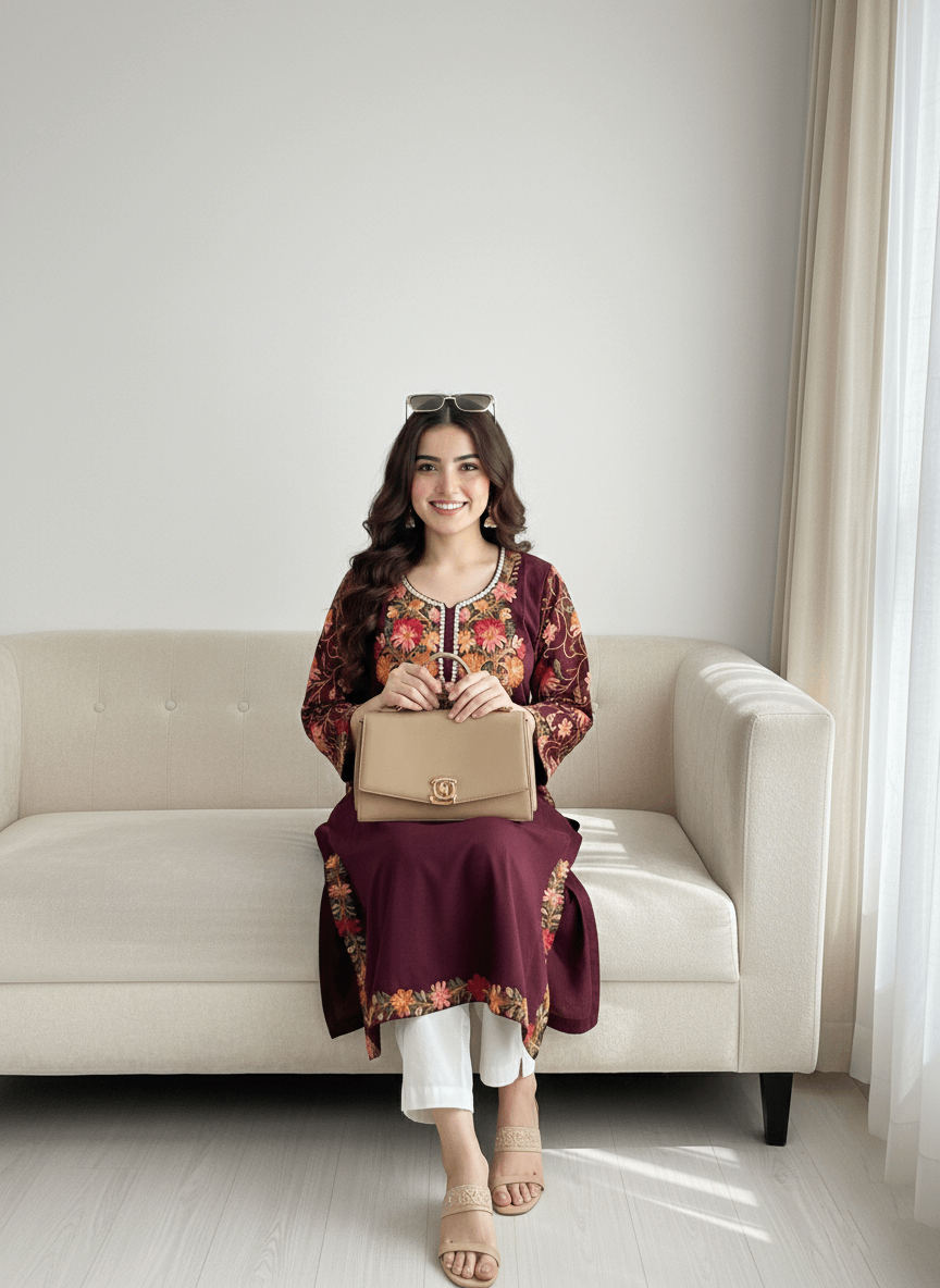 Wine Floral Aari-Tilla Embroidered Kashmiri Pheran