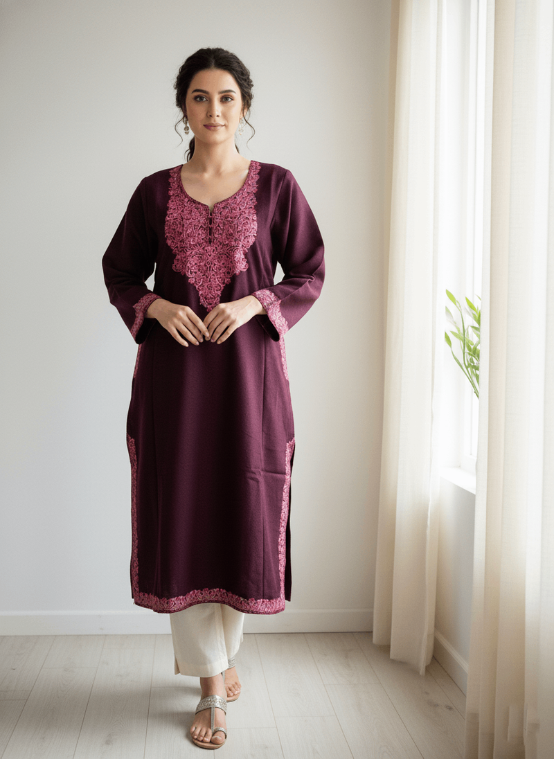 Wine Floral Aari Embroidered Kashmiri Pheran