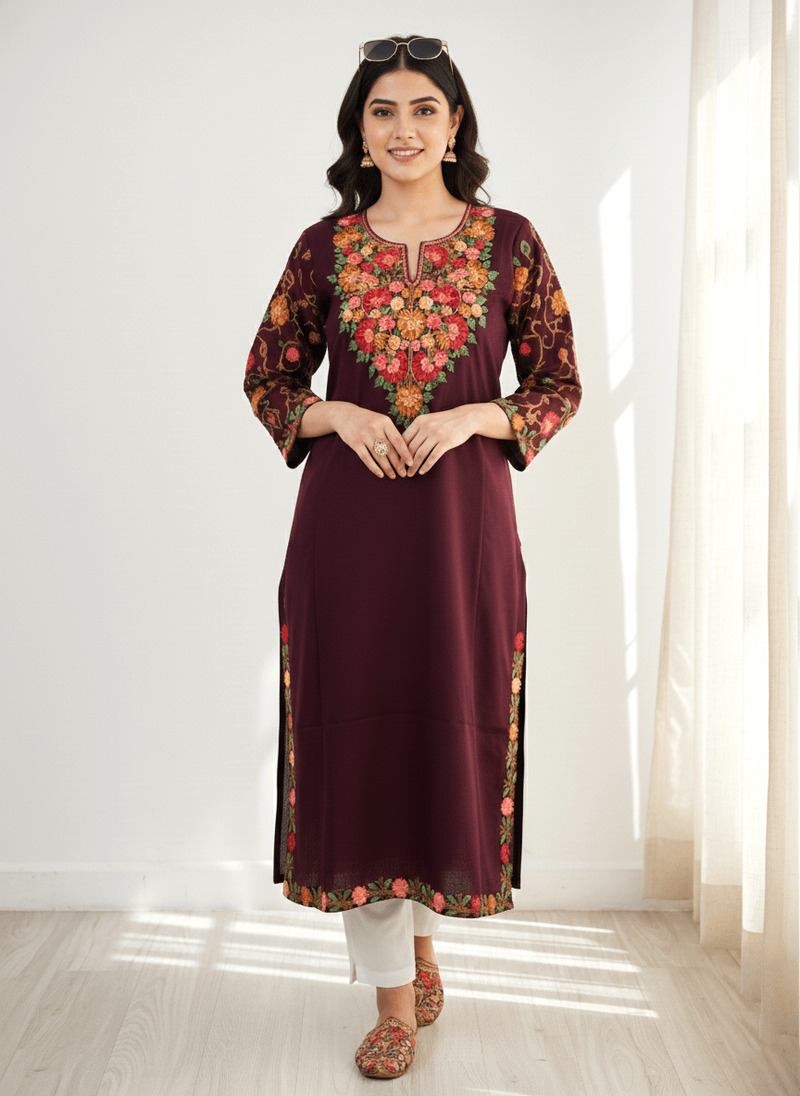 Wine Floral Aari Embroidered Kashmiri Pheran