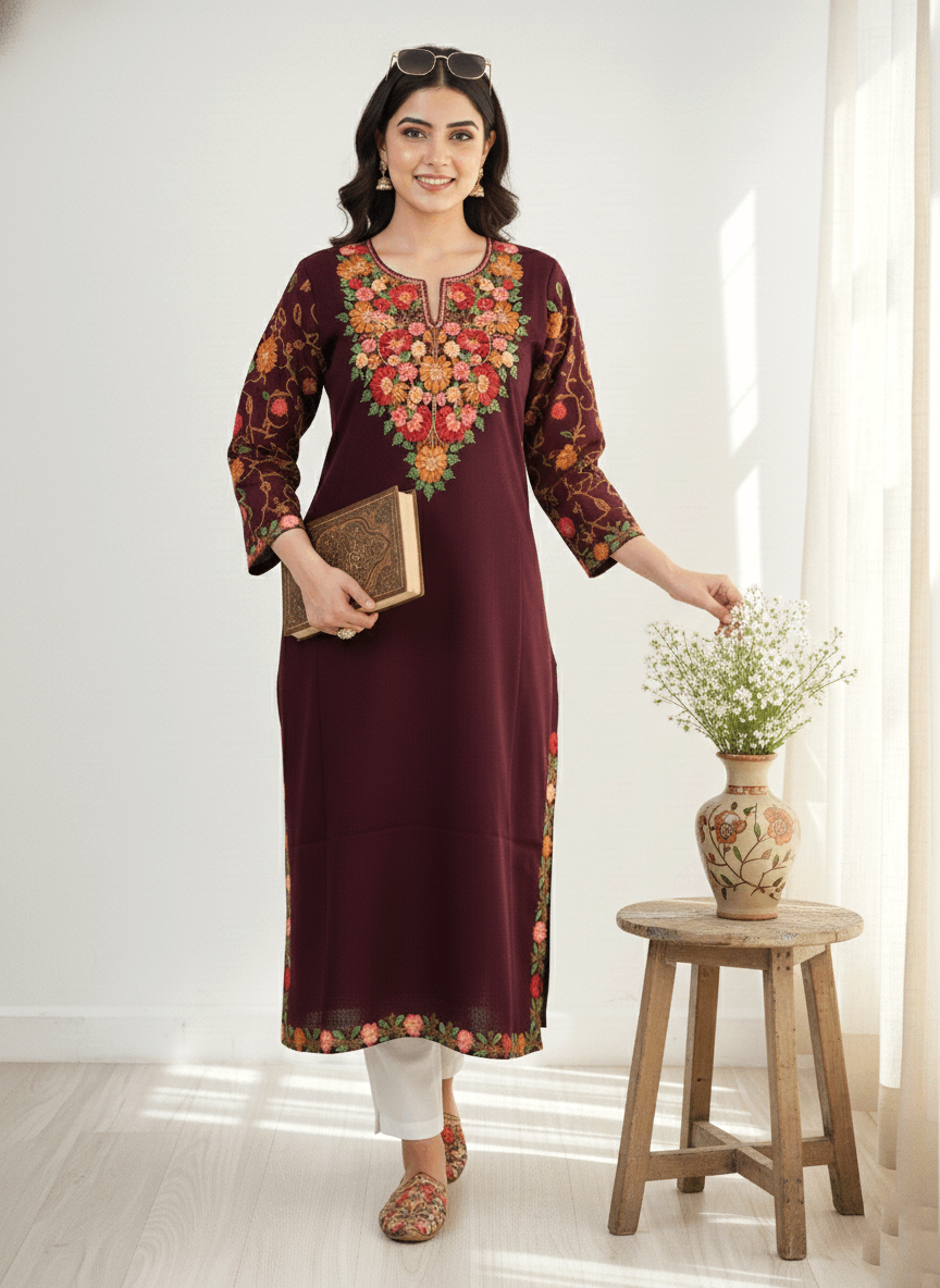 Wine Floral Aari Embroidered Kashmiri Pheran